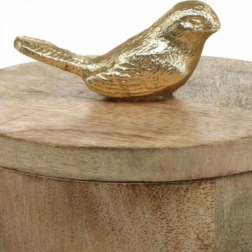 Porta-jóias com pássaro, mola, caixa decorativa em madeira de mangueira, madeira verdadeira natural, dourado H11cm Ø12cm