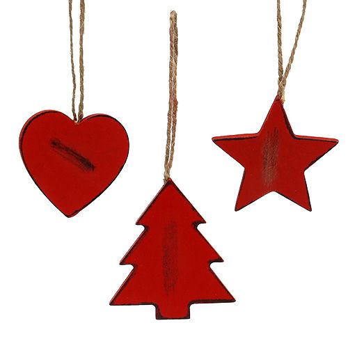 Estrela de cabide de madeira, coração, árvore de Natal vermelha 6 unidades