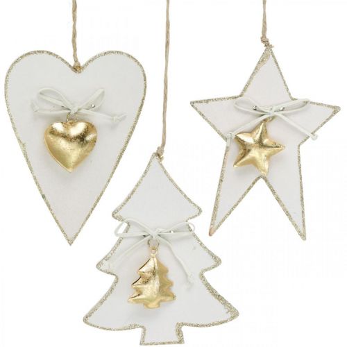 Pingente de Natal com coração / abeto / estrela, decoração em madeira, decoração em árvore com sinos brancos, dourados H14.5 / 14 / 15.5cm 3pcs