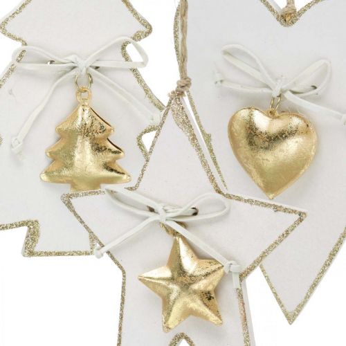 Itens Pingente de Natal com coração / abeto / estrela, decoração em madeira, decoração em árvore com sinos brancos, dourados H14.5 / 14 / 15.5cm 3pcs