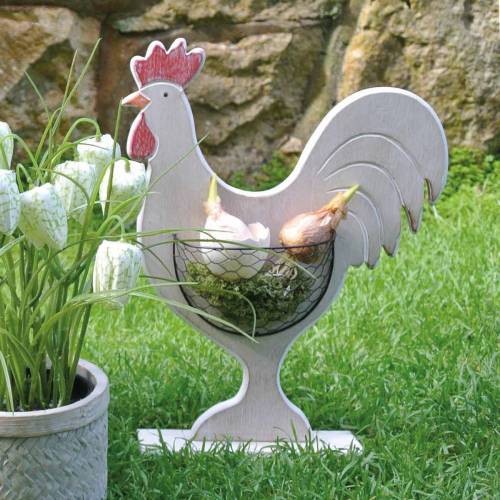 Floristik24 Galo de madeira com cesto, decoração de Páscoa, figura de madeira para plantar, decoração de primavera, frango decorativo