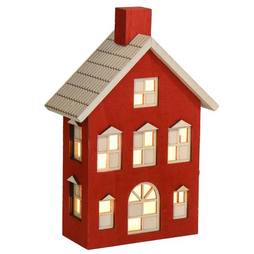 Decoração de casa de madeira luz casa madeira vermelha e branca para bateria H19,5cm