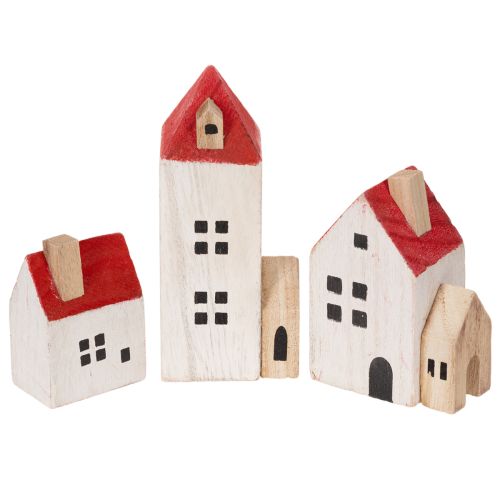 Conjunto de casinhas decorativas de madeira, vermelhas e brancas, decoração de inverno com várias peças, 13 cm, 6 peças comprar | Floristik24.pt