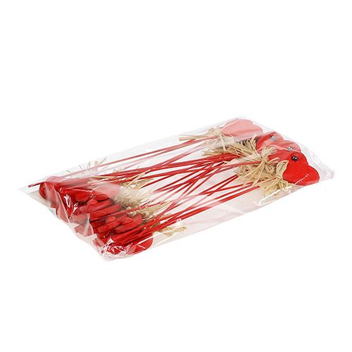 Floristik24 Coração de madeira em uma vara vermelha 4,5cm 24pcs