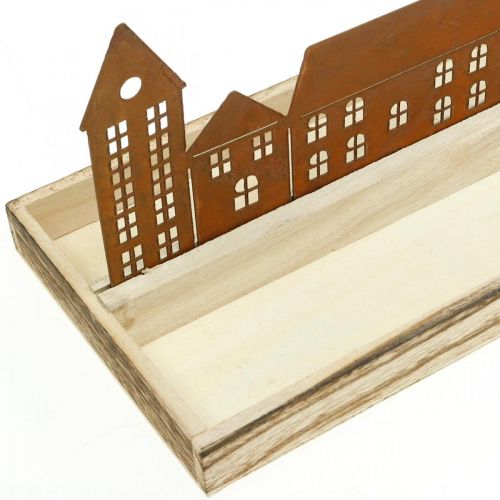Itens Bandeja decorativa de madeira retangular com casas de pátina 50×17cm