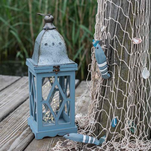 Itens Lanterna de madeira com decoração em metal, lanterna decorativa para pendurar, decoração de jardim azul-prata H51cm