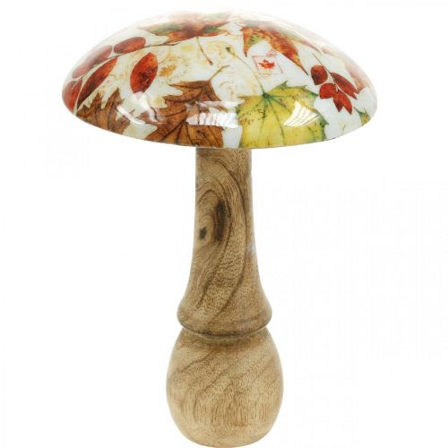 Cogumelo de madeira deco folhas de outono brancas, decoração de outono colorida Ø13cm H19cm