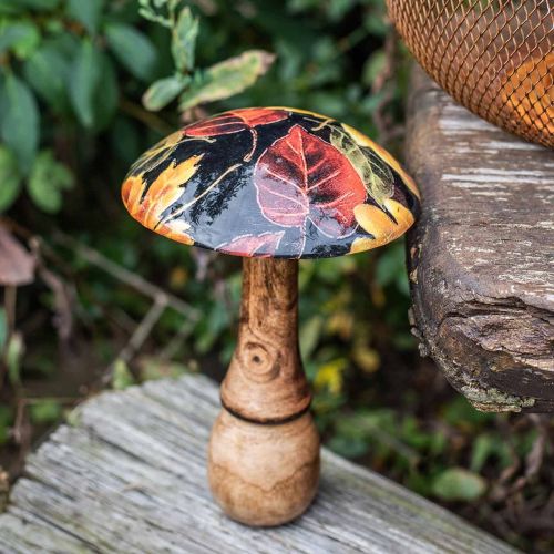 Floristik24 Decoração de cogumelos de madeira com folhas coloridas decoração de outono preta, colorida Ø13cm Alt.19cm