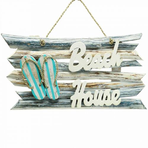 Placa de madeira “Beach House” decoração marítima suspensa 46×5×27cm