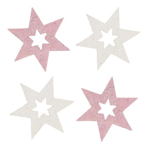 Floristik24 Estrela de madeira 3,5 cm rosa / branco com brilho 72 unidades