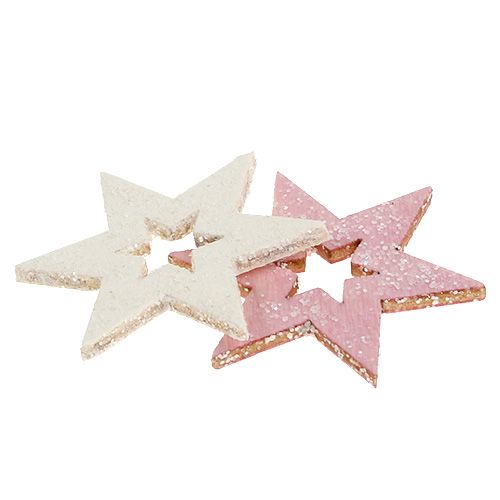 Floristik24 Estrela de madeira 3,5 cm rosa / branco com brilho 72 unidades