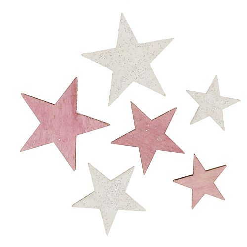 Floristik24 Estrela de madeira 3-5 cm rosa / branco com glitter 24 unidades