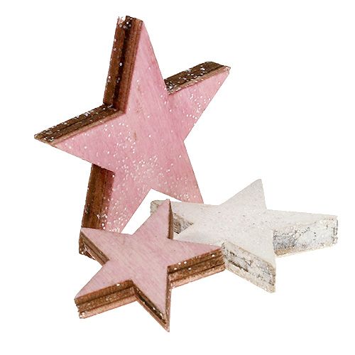 Floristik24 Estrela de madeira 3-5 cm rosa / branco com glitter 24 unidades