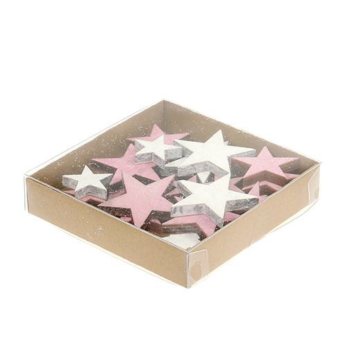 Floristik24 Estrela de madeira 3-5 cm rosa / branco com glitter 24 unidades