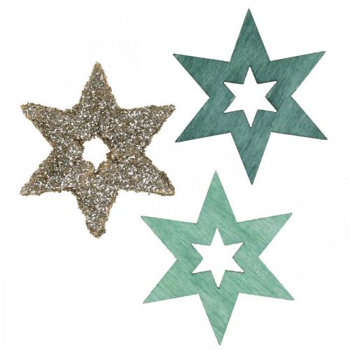 Itens Decoração dispersa estrela de madeira verde, mistura de glitter poinsétia 4cm 72 un