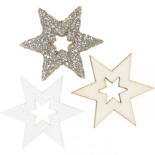 Floristik24 Decoração dispersa estrela de madeira natural, glitter, branco 4cm sortido 72 unidades