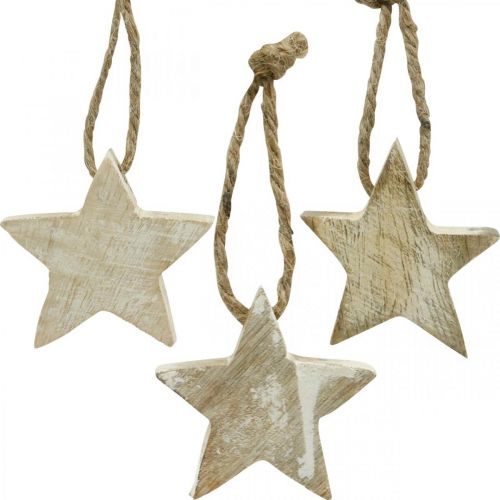 Floristik24 Decoração da árvore de Natal em estrela de madeira natural, caiada de branco 5 cm 36 unidades