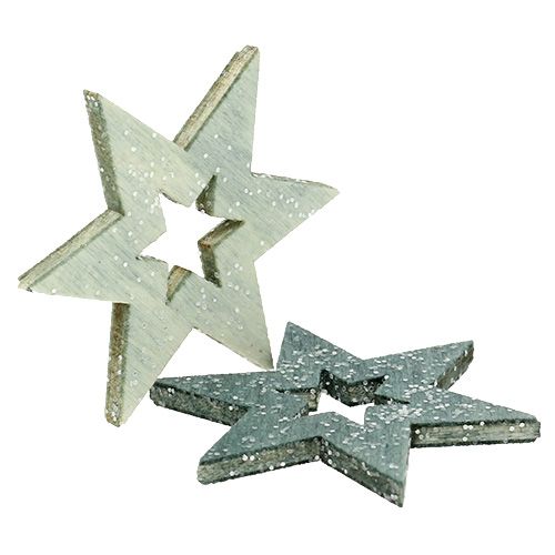 Floristik24 Estrelas de madeira 4cm cinza com glitter 72 unidades