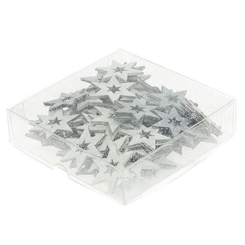 Floristik24 Estrelas de madeira 4cm cinza com glitter 72 unidades