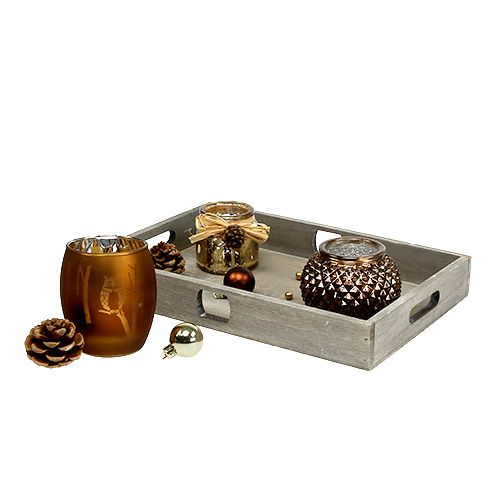 Floristik24 Bandeja de madeira com 3 copos tealight marrom, dourado