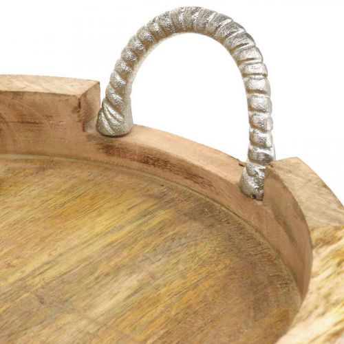 Floristik24 Bandeja com alças de metal, decoração em madeira redonda madeira real, metal natural, prata Ø31cm