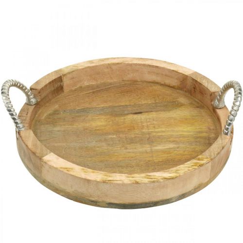 Floristik24 Bandeja com alças de metal, decoração em madeira redonda madeira real, metal natural, prata Ø31cm