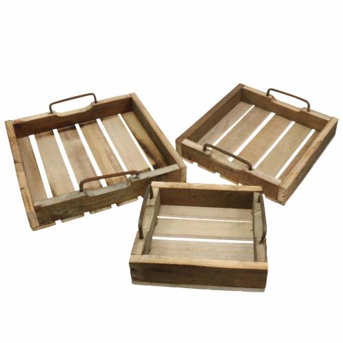 Floristik24 Bandeja de madeira com alças de metal naturais 20/25 / 30cm conjunto de 3