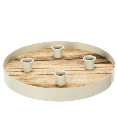 Castiçal para quatro velas finas, bandeja redonda de madeira, 25 cm