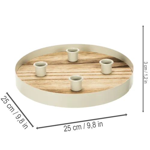 Castiçal para quatro velas finas, bandeja redonda de madeira, 25 cm | Floristik24.pt