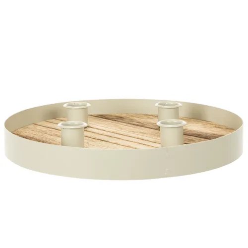 Castiçal para quatro velas finas, bandeja redonda de madeira, 25 cm | Floristik24.pt