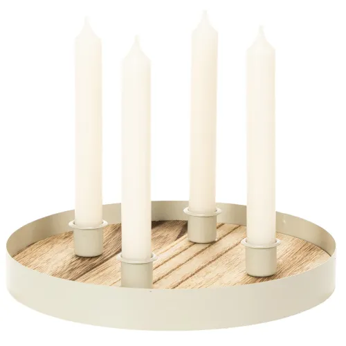 Castiçal para quatro velas finas, bandeja redonda de madeira, 25 cm | Floristik24.pt