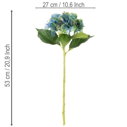 Flor artificial de hortênsia, azul-esverdeada, haste única decorativa, 53 cm | Floristik24.pt