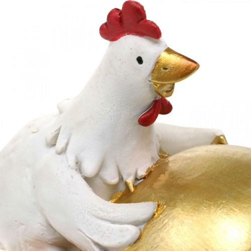 Floristik24 Galinhas decorativas com ovo de páscoa, galinhas de páscoa, ovo de ouro, decoração de páscoa H12/11cm conjunto de 2