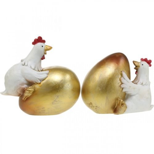 Floristik24 Galinhas decorativas com ovo de páscoa, galinhas de páscoa, ovo de ouro, decoração de páscoa H12/11cm conjunto de 2