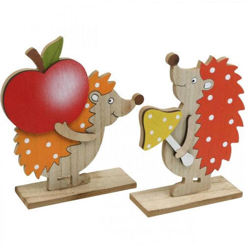 Estatueta de outono, ouriço com maçã e cogumelo, decoração em madeira laranja / vermelho A24 / 23,5 cm conjunto de 2