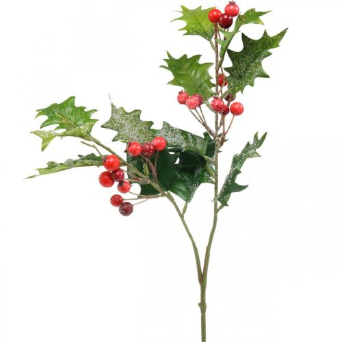 Floristik24 Ramo de azevinho artificial, bagas de inverno, decorações de Natal, azevinho coberto de neve verde, vermelho L63cm