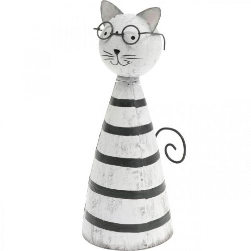 Gato com óculos, figura decorativa para colocar, figura de gato metal preto e branco A16cm Ø7cm