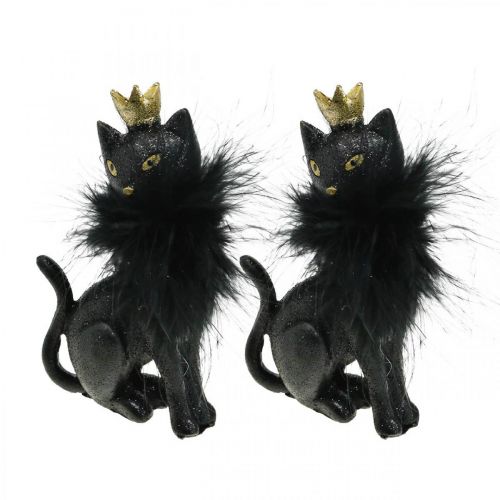 Floristik24 Figura decorativa polyresin de gato com coroa ouro preto H12.5cm 2pcs