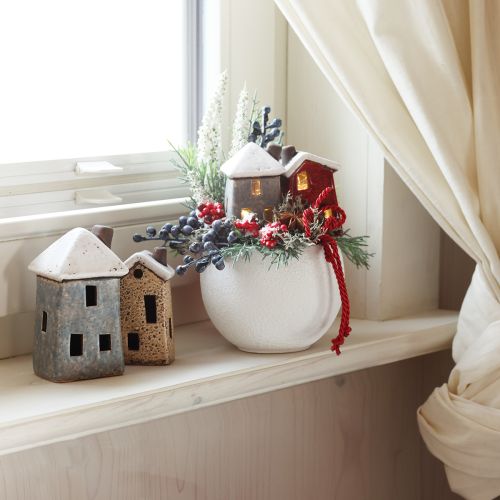 Casa de cerâmica decoração Advento creme vermelho cinza 8,5/9,5cm 3 peças