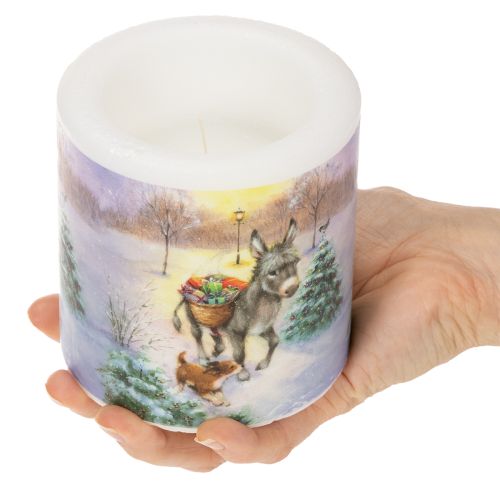 Vela pilar com paisagem de inverno com motivo de burro e cachorro, 10 cm | Floristik24.pt