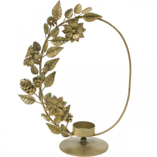 Floristik24 Suporte para velas de chá, cones de flores com laço decorativo dourado H29,5cm