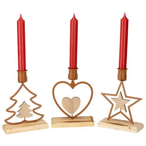 Itens Velas castiçal estrela coração abeto marrom H16.5cm sortidas 3 unidades