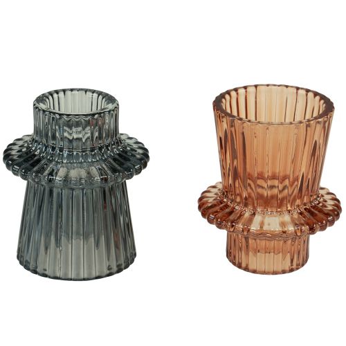 Itens Castiçal de vidro castiçal cinza marrom Alt.6,5 cm 2 unidades