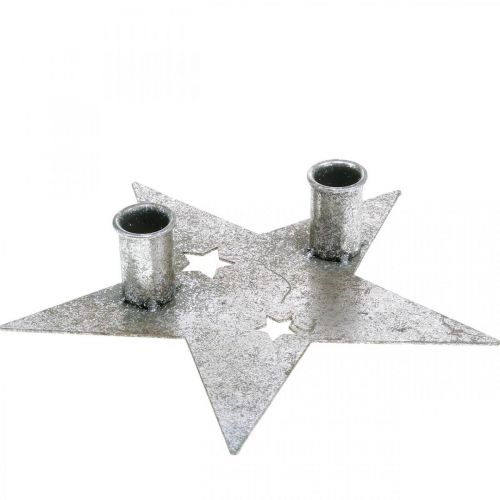 Itens Decoração de vela estrela, decoração de metal, castiçal para 2 velas cônicas prata, aparência antiga 23cm × 22cm