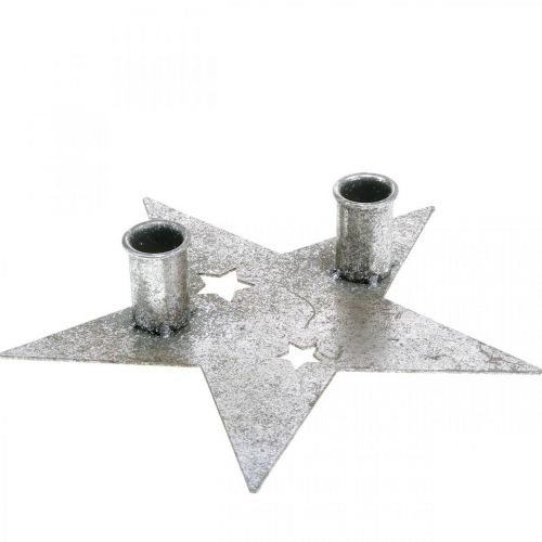 Floristik24 Decoração de vela estrela, decoração de metal, castiçal para 2 velas cônicas prata, aparência antiga 23cm × 22cm