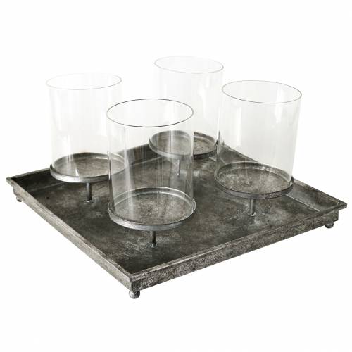Floristik24 Bandeja de advento com 4 castiçais de 40 × 40 cm de aspecto antigo em metal / vidro prateado