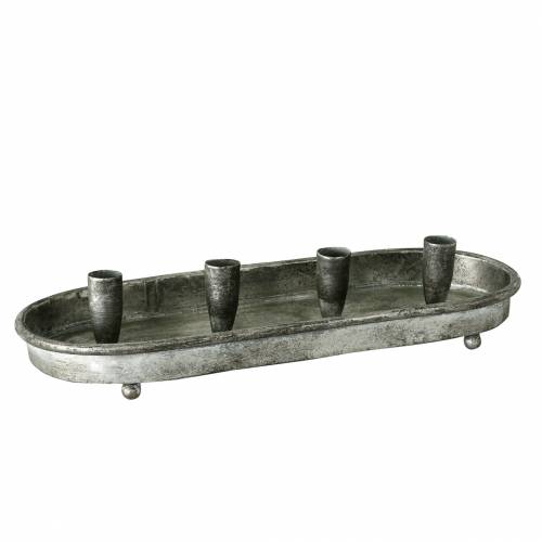 Bandeja de vela oval para 4 velas de metal prateado antigo 40 × 17cm