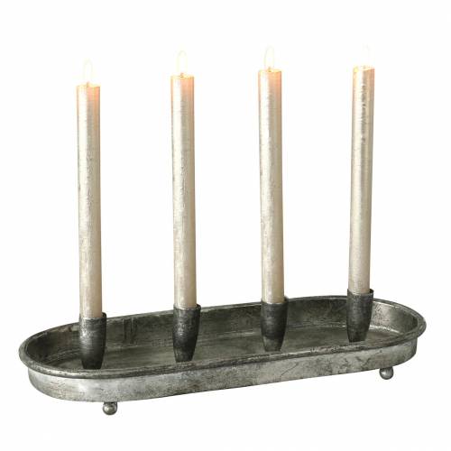 Floristik24 Bandeja de vela oval para 4 velas de metal prateado antigo 40 × 17cm