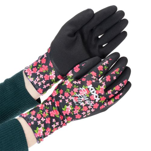 Itens Luvas de jardinagem Kixx, pretas com flores rosa, tamanho 8