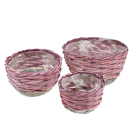 Floristik24 Conjunto cesto redondo de 3 Ø14cm - 24cm rosa, natural